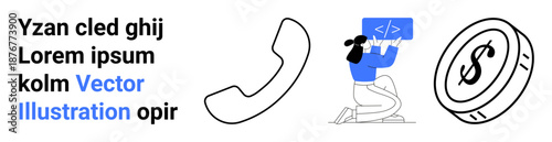 App development, coding tutorials, financial transactions, communication services, tech support, and business concepts. A programmer coding, phone icon and a coin displayed. App development