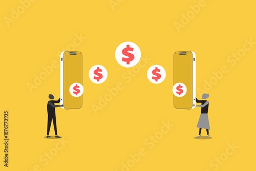 Mobile money transfer and digital banking between two individuals. symbol of fintech transactions, online payments, and global currency exchange via smartphones