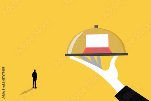 Laptop computer being served on platter to a businessman, symbol of g instant digital solutions, premium IT services, and the ease of remote work technology
