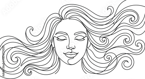Continuous line drawing of beautiful woman face with long wavy hair minimalist vector illustration for beauty salon and hair care