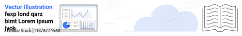 Data graphs, pie chart, and analytics dashboard sync with a cloud connecting to an open book. Ideal for cloud computing, data analysis, digital storage, knowledge sharing, cloud learning, education