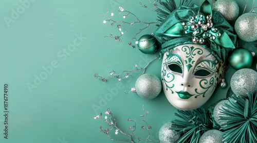 White masquerade mask pastel green flowers petals feathers pearls mandala clean soft background