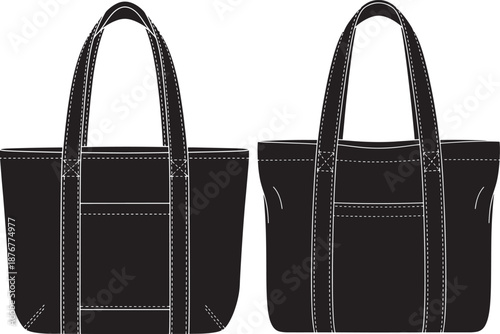 Set of canvas tote bag silhouettes with stitching details, representing eco-friendly shopping, reusable fashion and accessory design.