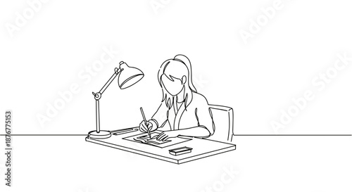 Line drawing of a woman sitting at a desk, sketching designs in a notebook, with a lamp illuminating her workspace, on a transparent background