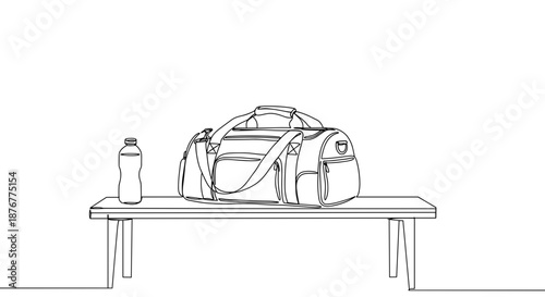 Line drawing of a sports duffel bag and a water bottle on a wooden table against a transparent background
