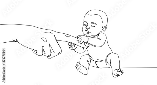 Line drawing of a baby reaching for a finger with a soft expression on a transparent background, depicting innocence and connection in a simple sketch style