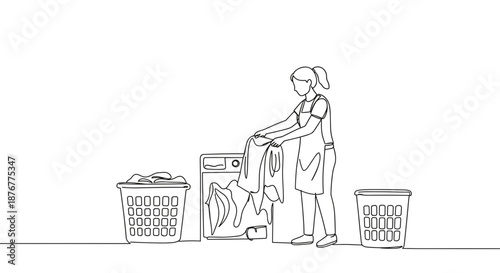 Line drawing of a woman doing laundry in a home setting with washing machine and baskets on a transparent background