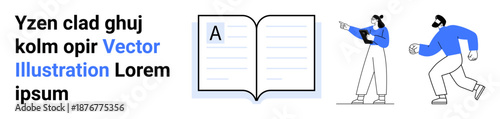 Open book with written content, one character walking with a tablet, another pointing. Ideal for education, technology, creativity, communication, learning, publishing and a simple landing page