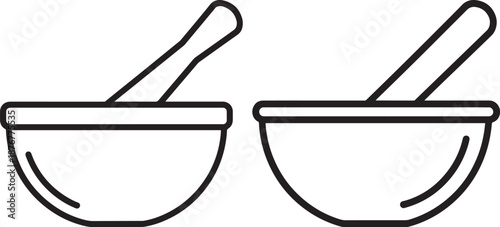 Minimalist Line Art Vector Icons of Kitchen Bowls with Spoons, Set of Two Simple Outline Food Containers for Cooking and Dining Graphics