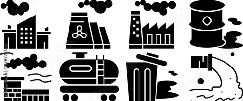 Industrial Pollution and Environmental Contamination Black Silhouette Icon Set