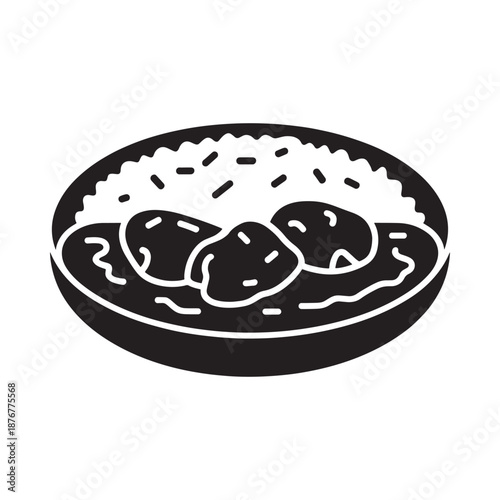 Simple illustration of a plate containing rice curry and cutlets