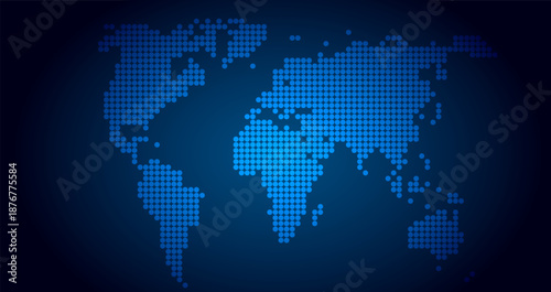 Pixelated blue world map representing global connectivity and digital technology. Digital world map visualization.
