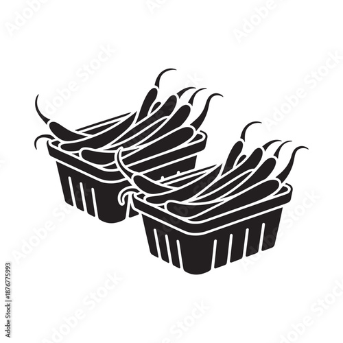 Two black and white containers filled with long slender chili peppers