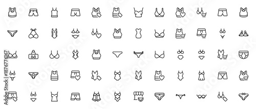 Style_8813 icon set. Sportswear and lingerie vector collection. Includes sport bra, bikini, shorts, tank top, underwear, swimsuit, dress, price tag, shopping cart and more. Editable line icons.