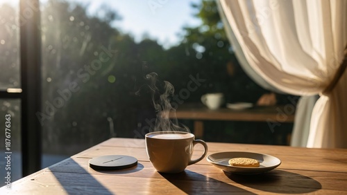 Steaming coffee mug on a rustic wooden table, bathed in warm morning sunlight, creating a cozy and peaceful atmosphere for a perfect break