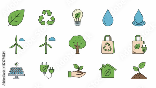 Collection of eco friendly icons and symbols for sustainability.