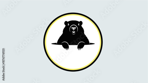 Black bear peeking from behind a white circle with yellow and black border illustration