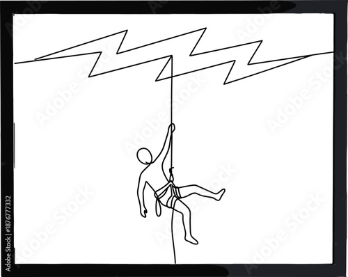 Continuous line drawing of mountain climber rappelling on rope with lightning minimalist vector illustration of extreme sports and courage concept