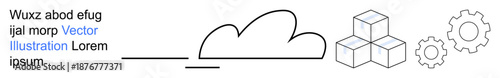Cloud computing, data storage, software development, automation, technological processes, digital workflow. Line art of cloud, data blocks and gears. Cloud computing and data storage concept