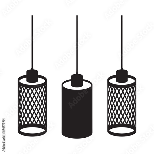 Three simple hanging lamps with geometric designs in black and white