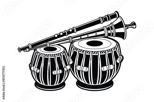 Tabla silhouette with shehnai Indian classical music vector