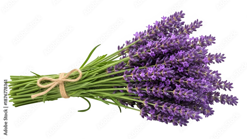 Naklejka premium A lavender flower bunch, isolated on white or transparent background, high resolution, studio lighting, sharp focus, clean cutout, soft purple tones, minimal shadow, PNG format