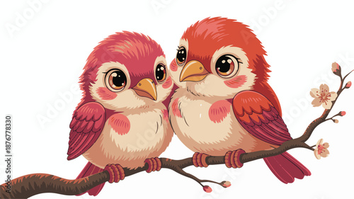 Two Cute Cartoon Birds Sitting on a Branch with Blossoms Keywords: birds, love, couple, romance, cute, cartoon, illustration
