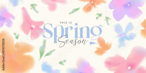 Professional horizontal spring floral banner background template featuring soft blurred aura flowers and elegant typography 'This is Spring Season' for aesthetic branding collection