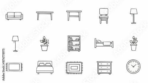 Collection of hand-drawn furniture and home decor icons.