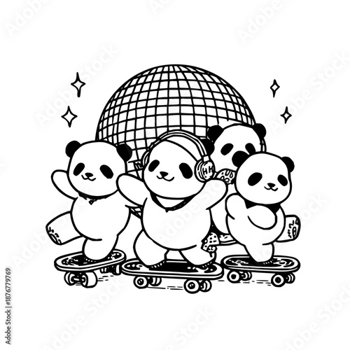 Three Pandas Skateboarding with Disco Ball