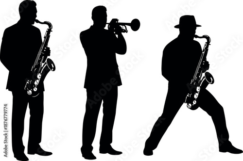 Black silhouette of jazz musicians playing saxophone and trumpet in suits isolated on white background for music poster vector design