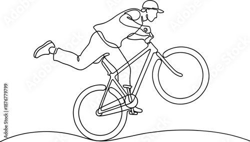 Continuous line drawing of young man performing stunt on mountain bike minimalist vector illustration of cyclist doing wheelie in outline style