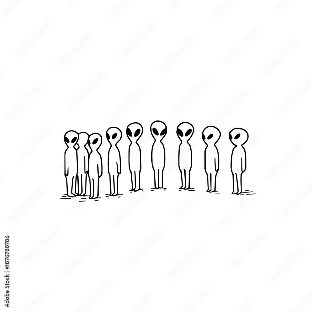 Obraz premium Aliens Standing in Line Isolated on White Background