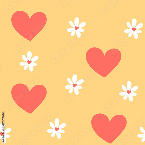 Valentine's Day vector seamless pattern. Hearts and daisies on a yellow background. Whimsical romantic wallpaper.