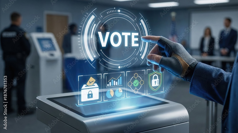 Naklejka premium Futuristic electronic voting interface with voter hand selecting vote button on digital touchscreen,secure online election system and democracy technology