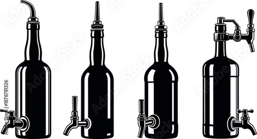 Set of Isolated Black and White Bottles with Liquor Spouts and Beverage Taps for Bar Service Glassware and Pub Equipment