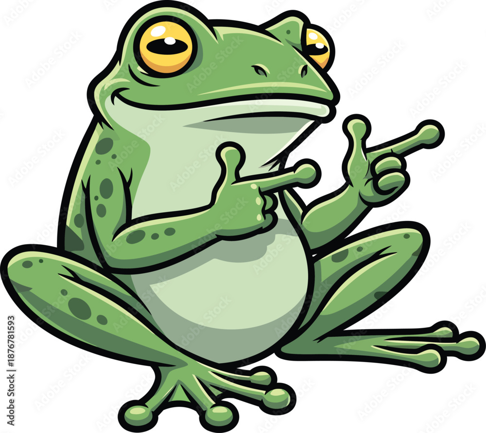 Obraz premium Cartoon green frog pointing with both index fingers on white background amphibian