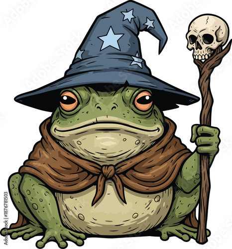 Cartoon frog wizard with skull staff and starry hat Keywords: frog, wizard, magic, fantasy