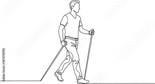 Minimalist Continuous One Line Drawing of a Man Nordic Walking with Trekking Poles Representing Active Lifestyle Fitness Training and Hiking