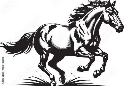 Majestic black horse galloping with flowing mane and tail