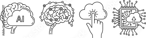 AI and cloud computing icons, neural network illustration, brain and microchip graphics, data upload concept, black and white vector, tech line art