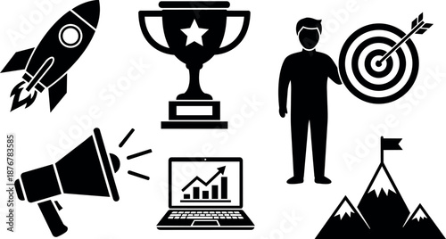 Black simple icons rocket trophy man megaphone laptop graph target mountains flag achievement success