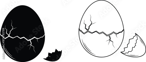 Cracked egg vector illustration, black and white style, broken shell drawing, food ingredient concept, minimal design, outline and silhouette contrast