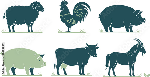 Farm animal vector illustration, cartoon style silhouettes, sheep, pig, cow, horse, goat, rooster, minimal design, rural livestock, grass patch icons