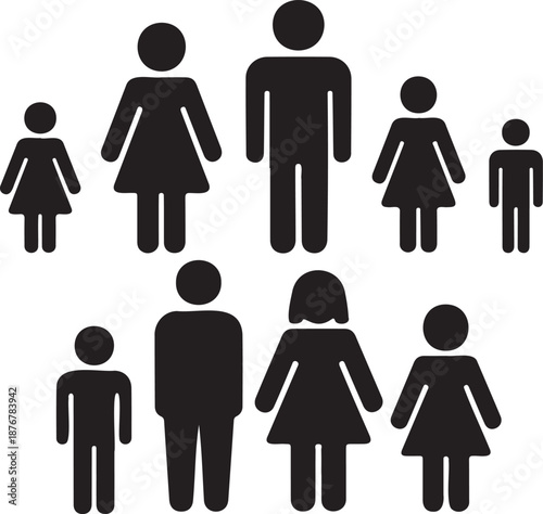 family people silhouette icon set parents and children, human group family pictogram black vector, family members icons isolated on white