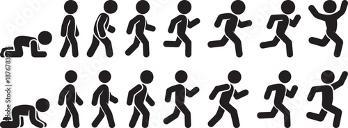 running stickman vector icon set motion poses, running human pictogram silhouettes black collection, athlete running sequence icons isolated