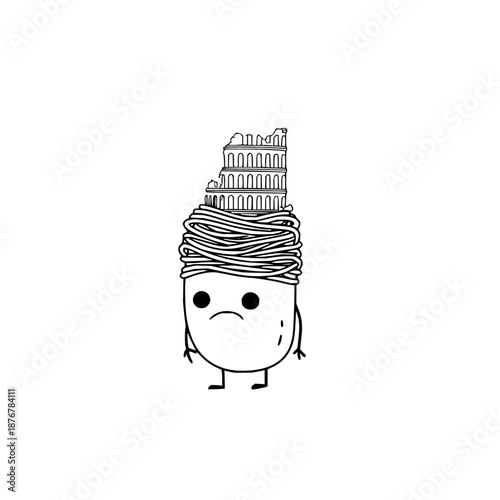 Stressed Cartoon Character with Stack of Papers on Head