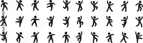 stickman activity silhouette icon set various poses, human action stickman pictogram black vector, people movement activity icons isolated on white