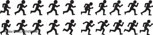 running stickman silhouette icon set motion sequence, running people pictogram black vector collection, athlete movement stick figure icons isolated