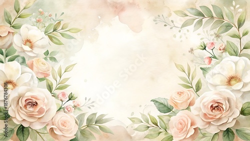 Soft Peach And White Roses Floral Watercolor Background Delicate Petals And Green Leaves Elegant Wedding Invitation Background
